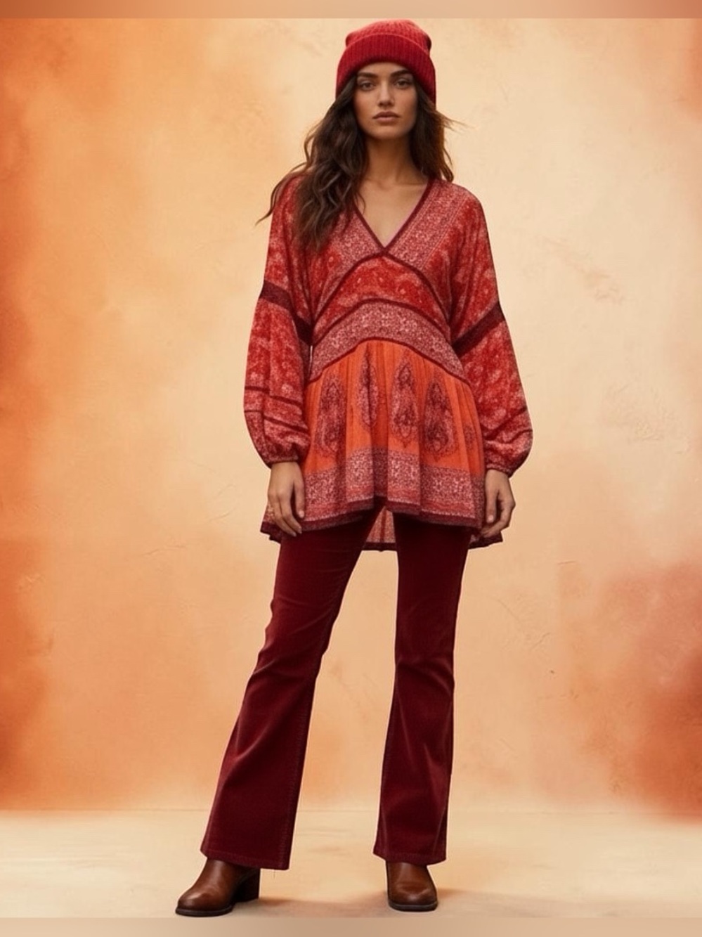 Free People Red Orange Paisley Boho Mini Dress Lace Bell Sleeve XS